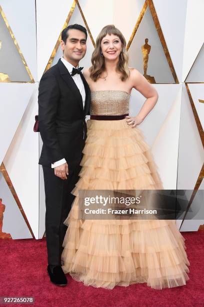 Kumail Nanjiani and Emily V. Gordon attend the 90th Annual Academy Awards at Hollywood & Highland Center on March 4, 2018 in Hollywood, California.