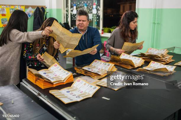 Paper ballots are counted after the end of voting in the Italian general elections on March 4, 2018 in Naples, Italy. The economy and immigration are...