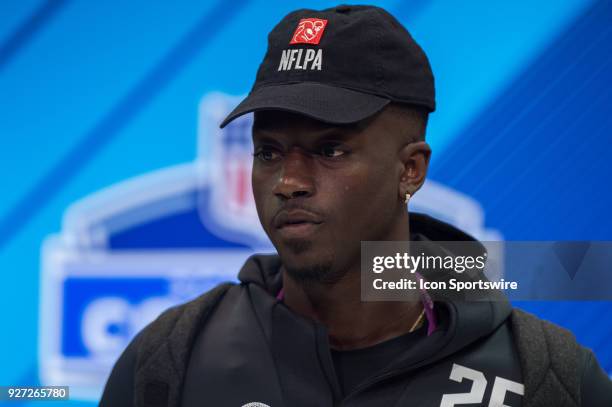 Florida State defensive back Tarvarus McFadden answers questions from the media during the NFL Scouting Combine on March 4, 2018 at the Indiana...