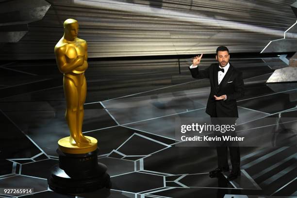 Host Jimmy Kimmel speaks onstage during the 90th Annual Academy Awards at the Dolby Theatre at Hollywood & Highland Center on March 4, 2018 in...