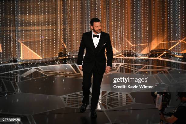 Host Jimmy Kimmel speaks onstage during the 90th Annual Academy Awards at the Dolby Theatre at Hollywood & Highland Center on March 4, 2018 in...