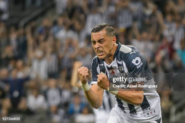 Rogelio Funes Mori of Monterrey celebrates after scoring his team's first goal during the 10th round match between Monterrey and Puebla as part of...