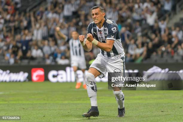 Rogelio Funes Mori of Monterrey celebrates after scoring his team's first goal during the 10th round match between Monterrey and Puebla as part of...