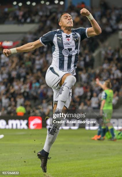 Rogelio Funes Mori of Monterrey celebrates after scoring his team's first goal during the 10th round match between Monterrey and Puebla as part of...