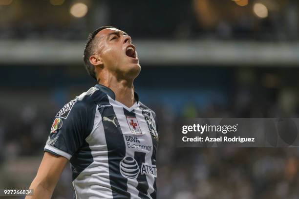 Rogelio Funes Mori of Monterrey celebrates after scoring his team's first goal during the 10th round match between Monterrey and Puebla as part of...