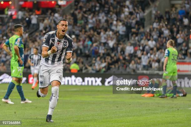 Rogelio Funes Mori of Monterrey celebrates after scoring his team's first goal during the 10th round match between Monterrey and Puebla as part of...