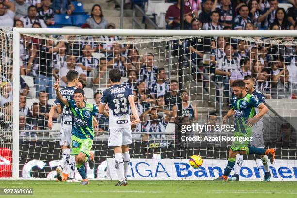 Omar Fernandez of Puebla celebrates after scoring his team's first goal during the 10th round match between Monterrey and Puebla as part of the...