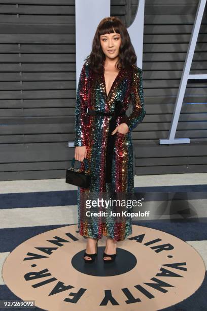 Constance Wu attends the 2018 Vanity Fair Oscar Party hosted by Radhika Jones at Wallis Annenberg Center for the Performing Arts on March 4, 2018 in...
