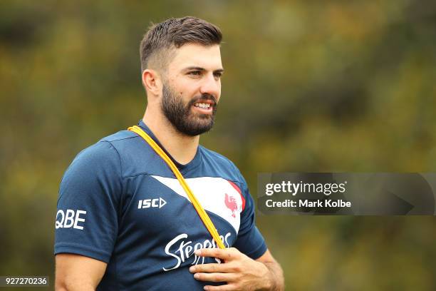 James Tedesco arrives for a Sydney Roosters NRL training session at Kippax Lake on March 5, 2018 in Sydney, Australia.