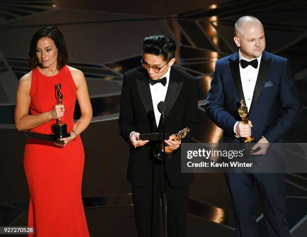 Makeup artists Lucy Sibbick, Kazuhiro Tsuji and David Malinowski accept Best Makeup and Hairstyling for 'Darkest Hour' onstage during the 90th Annual...