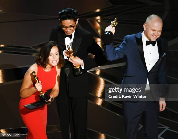 Makeup artists Lucy Sibbick, Kazuhiro Tsuji and David Malinowski accept Best Makeup and Hairstyling for 'Darkest Hour' onstage during the 90th Annual...