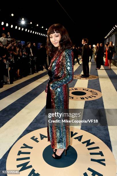 Constance Wu attends the 2018 Vanity Fair Oscar Party hosted by Radhika Jones at Wallis Annenberg Center for the Performing Arts on March 4, 2018 in...