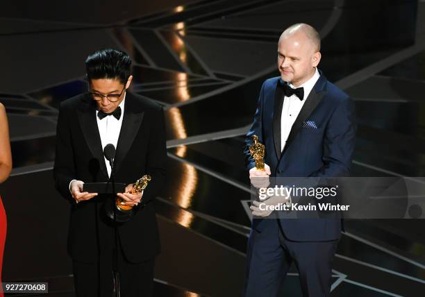 Makeup artists Kazuhiro Tsuji and David Malinowski accept Best Makeup and Hairstyling for 'Darkest Hour' onstage during the 90th Annual Academy...