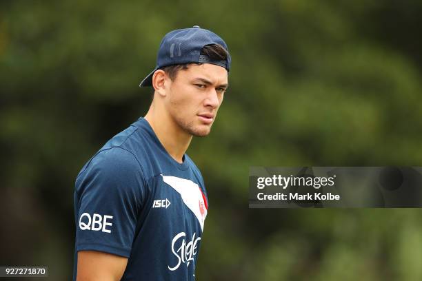 Joseph Manu arrives for a Sydney Roosters NRL training session at Kippax Lake on March 5, 2018 in Sydney, Australia.