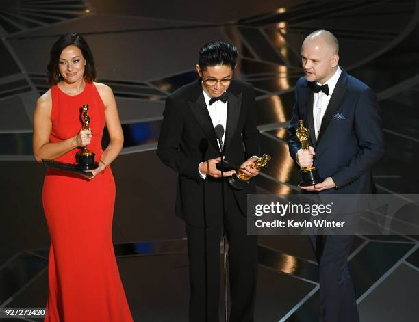 Makeup artists Lucy Sibbick, Kazuhiro Tsuji and David Malinowski accept Best Makeup and Hairstyling for 'Darkest Hour' onstage during the 90th Annual...