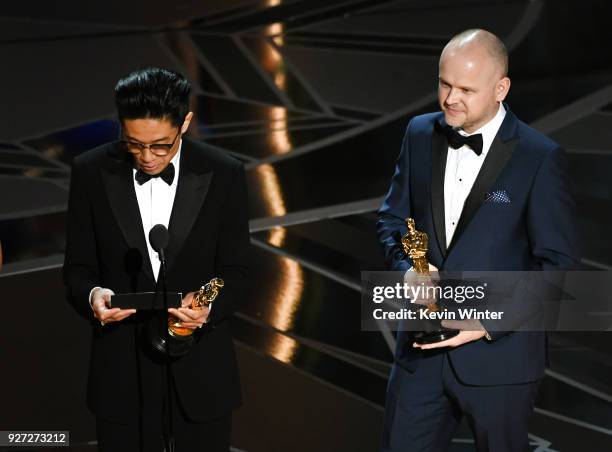 Makeup artists Kazuhiro Tsuji and David Malinowski accept Best Makeup and Hairstyling for 'Darkest Hour' onstage during the 90th Annual Academy...
