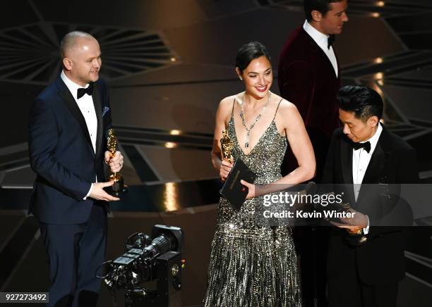 Makeup artists David Malinowski and Kazuhiro Tsuji accept Best Makeup and Hairstyling for 'Darkest Hour' from actor Gal Gadot onstage during the 90th...