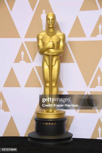 An Oscar statue is displayed in the press room during the 90th Annual Academy Awards at Hollywood & Highland Center on March 4, 2018 in Hollywood,...