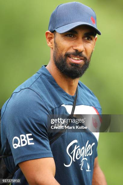 Reece Robinson arrives for a Sydney Roosters NRL training session at Kippax Lake on March 5, 2018 in Sydney, Australia.