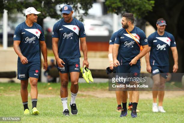 Latrell Mitchell, Daniel Tupou and James Tedesco arrive for a Sydney Roosters NRL training session at Kippax Lake on March 5, 2018 in Sydney,...