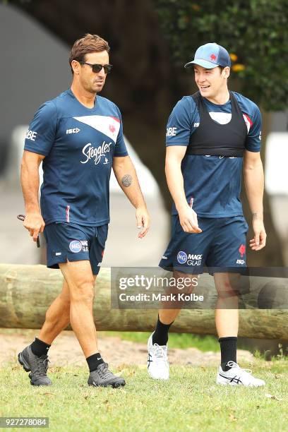 Andrew Johns and Luke Keary walk to a Sydney Roosters NRL media session at Kippax Lake on March 5, 2018 in Sydney, Australia.