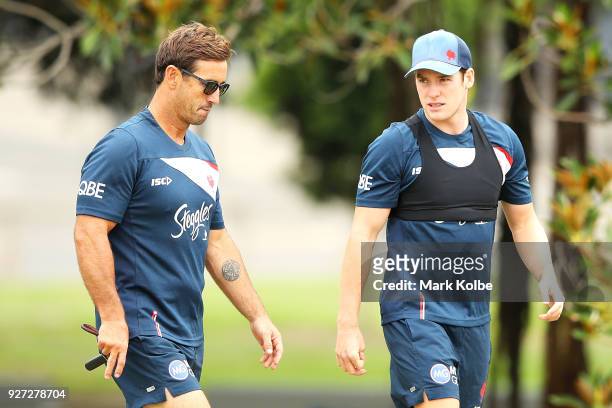 Andrew Johns and Luke Keary walk to a Sydney Roosters NRL media session at Kippax Lake on March 5, 2018 in Sydney, Australia.