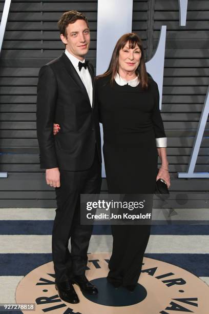 James Jagger and Anjelica Huston attends the 2018 Vanity Fair Oscar Party hosted by Radhika Jones at Wallis Annenberg Center for the Performing Arts...