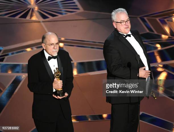 Sound designers Richard King and Alex Gibson accept Best Sound Editing for 'Dunkirk' onstage during the 90th Annual Academy Awards at the Dolby...