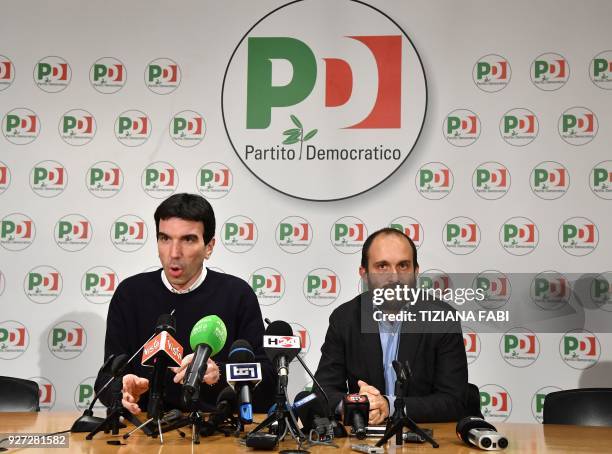 Maurizio Martina , Agriculture Policies Minister and member of the Democratic Party , addresses journalists flanked by Matteo Orfini, president of...