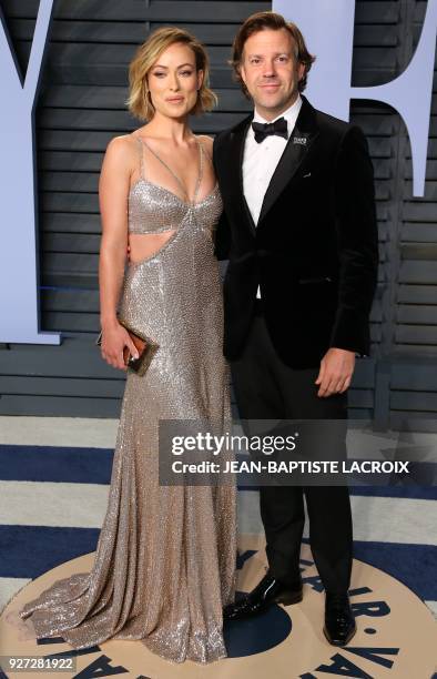 Olivia Wilde and Jason Sudeikis attend the 2018 Vanity Fair Oscar Party following the 90th Academy Awards at The Wallis Annenberg Center for the...