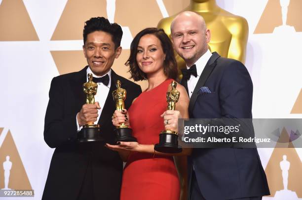 Kazuhiro Tsuji, Lucy Sibbick, and David Malinowski winners of the Best Makeup for Darkest Hour pose in the press room during the 90th Annual...