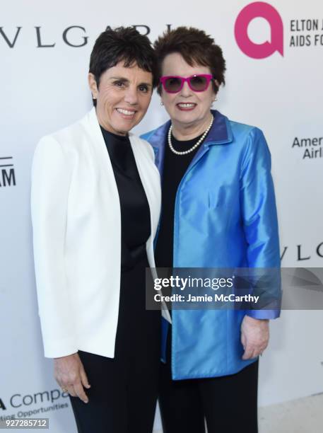 Ilana Kloss and Billie Jean King attend the 26th annual Elton John AIDS Foundation Academy Awards Viewing Party sponsored by Bulgari, celebrating...