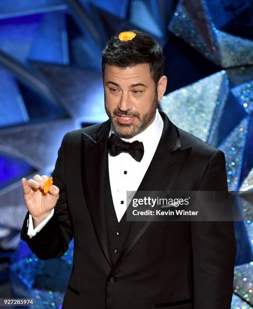 Host Jimmy Kimmel speaks onstage during the 90th Annual Academy Awards at the Dolby Theatre at Hollywood & Highland Center on March 4, 2018 in...