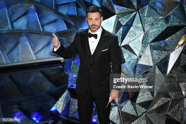 Host Jimmy Kimmel speaks onstage during the 90th Annual Academy Awards at the Dolby Theatre at Hollywood & Highland Center on March 4, 2018 in...