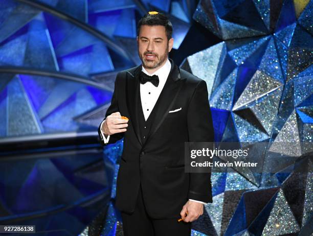 Host Jimmy Kimmel speaks onstage during the 90th Annual Academy Awards at the Dolby Theatre at Hollywood & Highland Center on March 4, 2018 in...