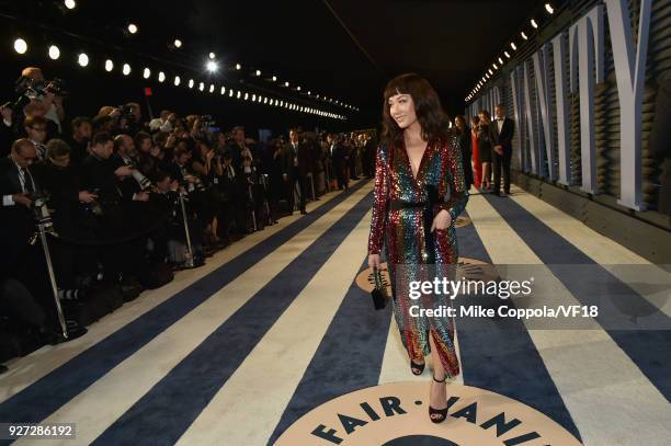 Constance Wu attends the 2018 Vanity Fair Oscar Party hosted by Radhika Jones at Wallis Annenberg Center for the Performing Arts on March 4, 2018 in...