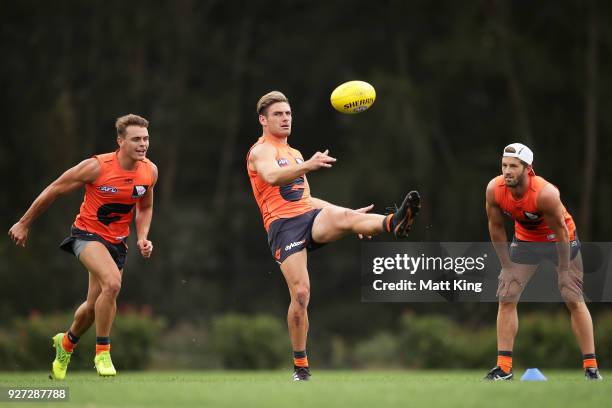 Stephen Coniglio of the Giants kicks during the GWS Giants Leadership Announcement & Training Session at the WestConnex Centre on March 5, 2018 in...