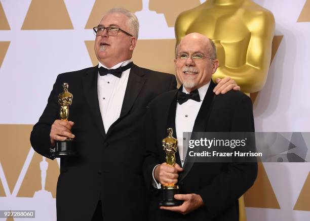 Sound editors Alex Gibson and Richard King, winners of the Best Sound Editing award for 'Dunkirk,' pose in the press room during the 90th Annual...