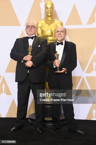 Sound editors Alex Gibson and Richard King, winners of the Best Sound Editing award for 'Dunkirk,' pose in the press room during the 90th Annual...