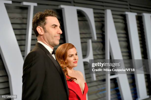 Sacha Baron Cohen and actress Isla Fisher attend the 2018 Vanity Fair Oscar Party hosted by Radhika Jones at Wallis Annenberg Center for the...