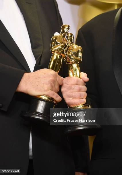 Sound editors Alex Gibson and Richard King, winners of the Best Sound Editing award for 'Dunkirk,' Oscar trophies detail, pose in the press room...