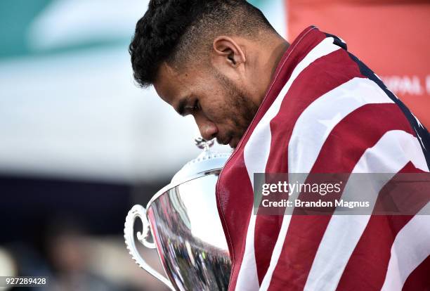 Martin Iosefo of the United States celebrates after winning the Cup Final match 28-0 over Argentina during the USA Sevens Rugby tournament at Sam...