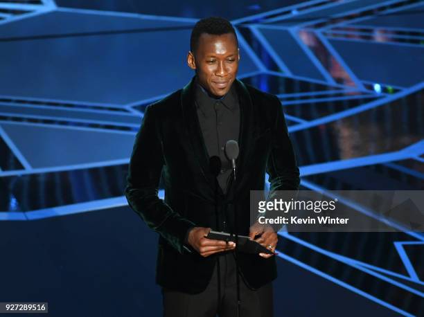 Actor Mahershala Ali speaks onstage during the 90th Annual Academy Awards at the Dolby Theatre at Hollywood & Highland Center on March 4, 2018 in...