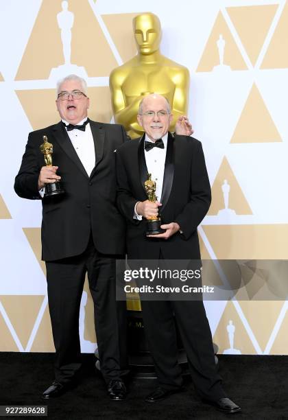 Sound editors Alex Gibson and Richard King, winners of the Sound Editing award for Dunkirk, pose in the press room during the 90th Annual Academy...