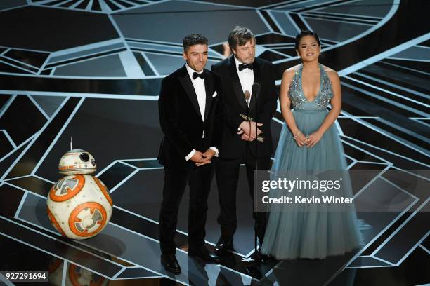 Actors Oscar Isaac, Mark Hamill and Kelly Marie Tran speak onstage during the 90th Annual Academy Awards at the Dolby Theatre at Hollywood & Highland...