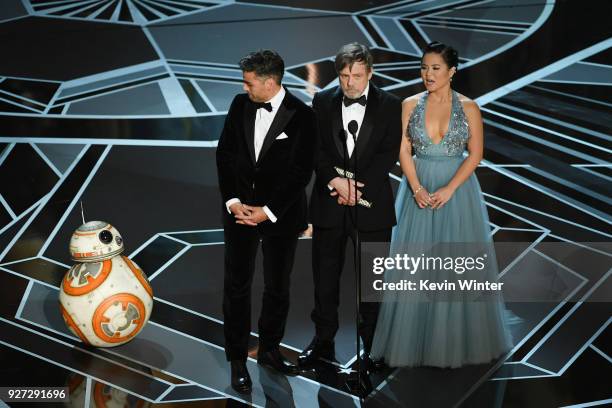 Actors Oscar Isaac, Mark Hamill and Kelly Marie Tran speak onstage during the 90th Annual Academy Awards at the Dolby Theatre at Hollywood & Highland...