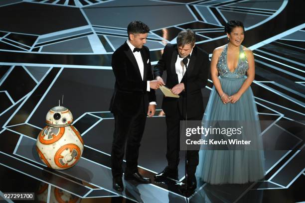 Actors Oscar Isaac, Mark Hamill and Kelly Marie Tran speak onstage during the 90th Annual Academy Awards at the Dolby Theatre at Hollywood & Highland...