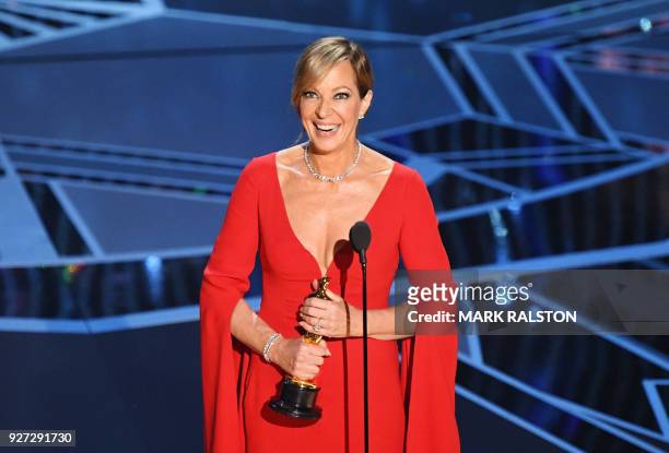 Actress Allison Janney smiles after she won the Oscar for Best Supporting Actress in "I, Tonya" during the 90th Annual Academy Awards show on March...