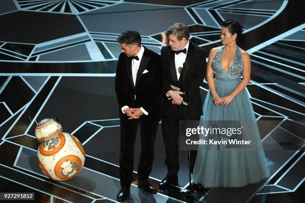 Actors Oscar Isaac, Mark Hamill and Kelly Marie Tran speak onstage during the 90th Annual Academy Awards at the Dolby Theatre at Hollywood & Highland...