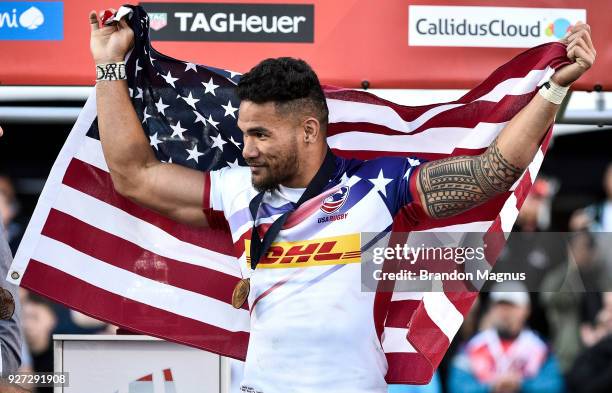 Martin Iosefo of the United States celebrates after winning the Cup Final match 28-0 over Argentina during the USA Sevens Rugby tournament at Sam...